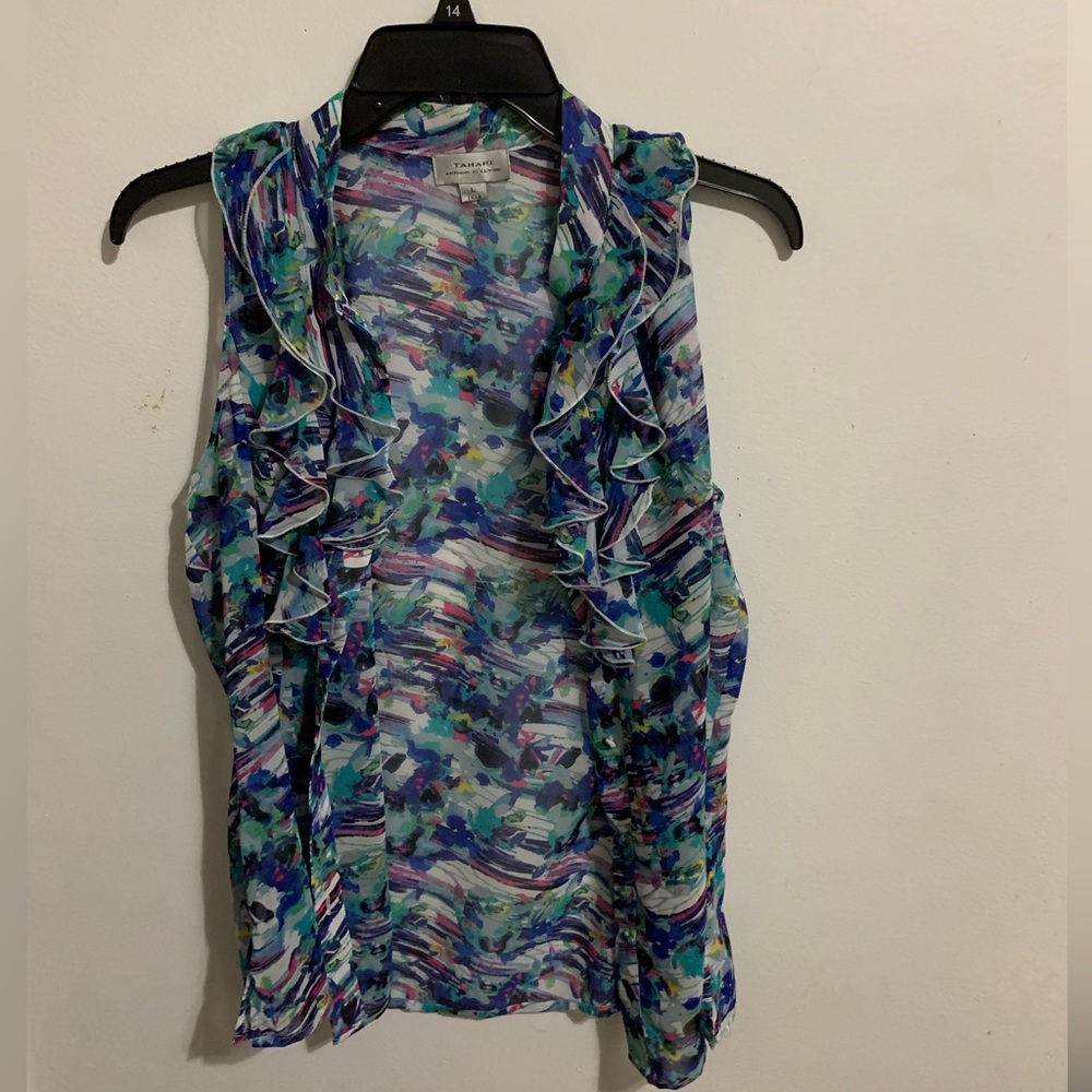 Tahari Blue and Purple Ruffle Blouse- Sz L